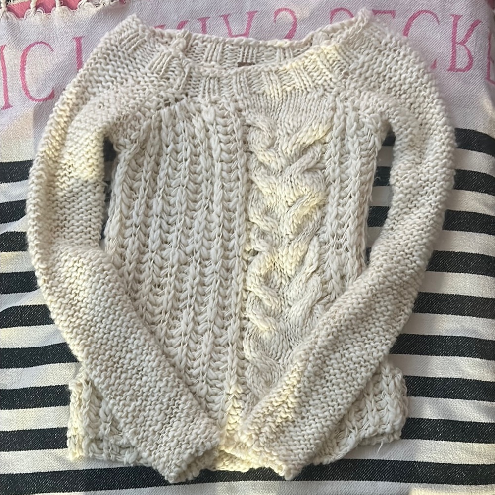Free People Cream Textured Cable Knit Sweater